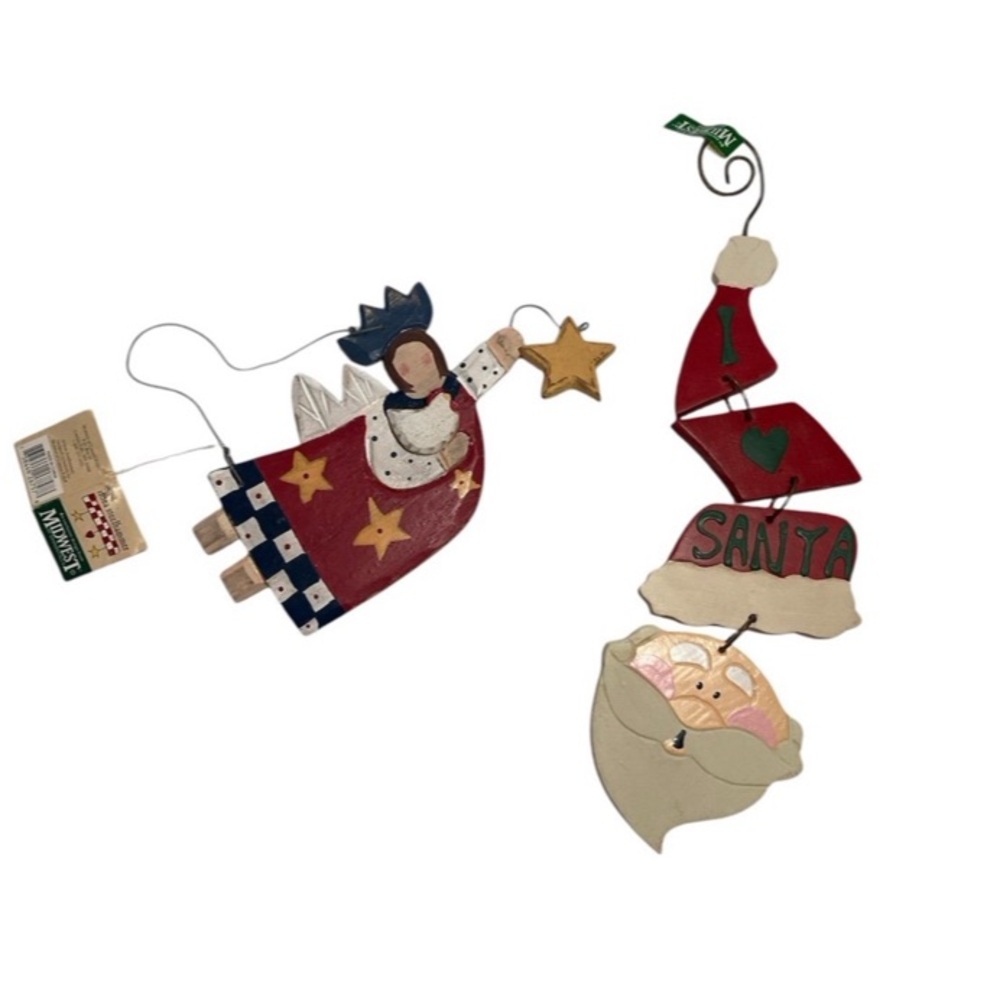 Vintage Folk Art Midwest Flying Angel with chicken and Wooden Santa Ornaments
